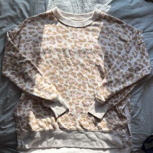 Aerie Cream and Light Brown Leopard Print Crewneck Sweater